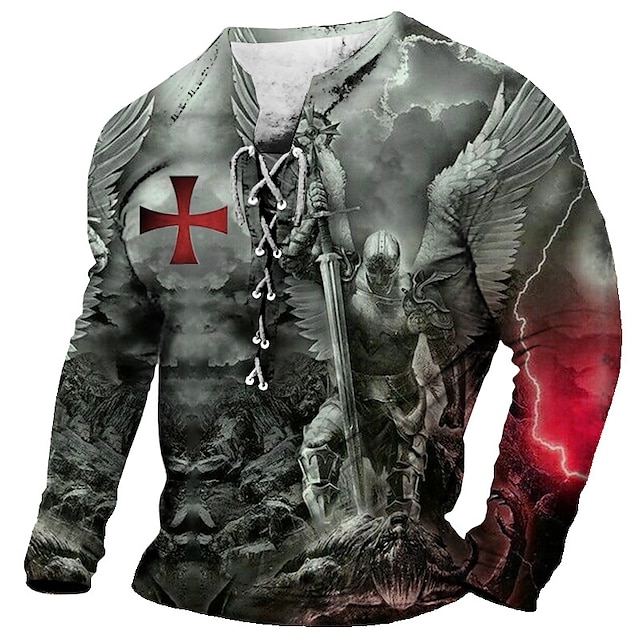  Cross Gothic Herren 3D-Shirt für | schwarzes Winterpolyester | Graphic Knights Templar Modedesigner, bequemes Herren-T-Shirt mit 3D-Druck, Henley, Vintage, täglicher Ausgehen, Rot-Orange