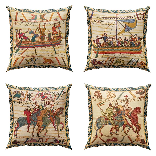  Bayeux Medieval Double Side Pillow Cover 4PC Soft Decorative Square Cushion Case Pillowcase for Bedroom Livingroom Sofa Couch Chair