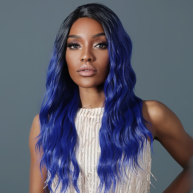  Synthetic Lace Wig Curly Style 26 inch Blue Middle Part 13x1 Lace Front Wig Women's Wig Lake Blue