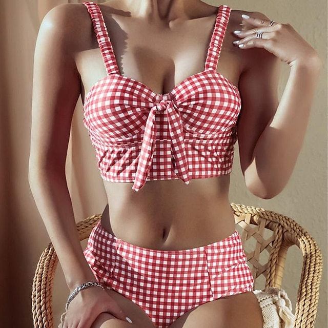  2 pcs Roupa de Banho Bikini Maiôs Anos 50 Cintura alta Mulheres Xadrez Quadrados Poliéster Rosa Sutiã Calcinhas