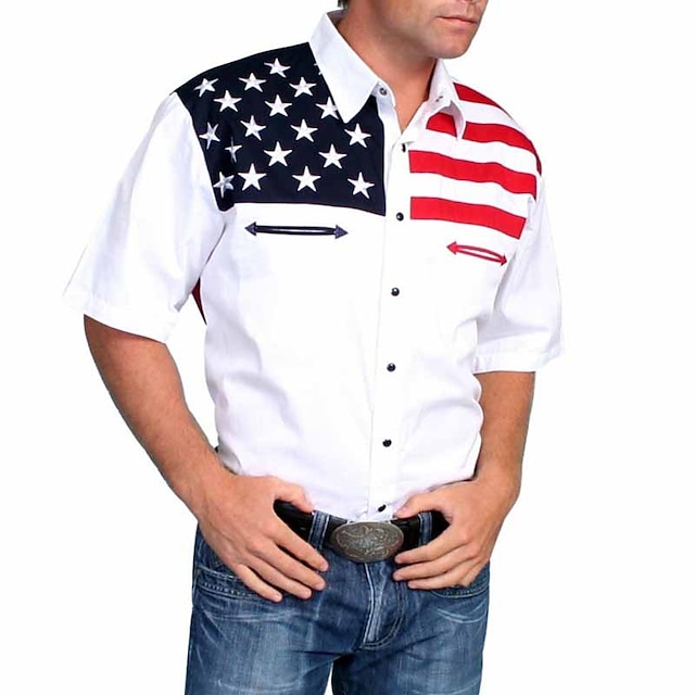  Bărbați Steagul american Cămașă occidentală Camașă cu nasturi Cămașă de cowboy Manșon scurt Modă Designer occidental Zilnic Vară Primăvară Răsfrânt Cămăși cu guler Imprimare 3D Buzunar frontal Alb