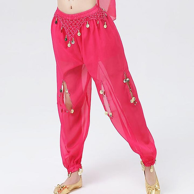  Belly Dance Pants Gold Coin Ruching Hollow-out Women's Performance Training High Polyester