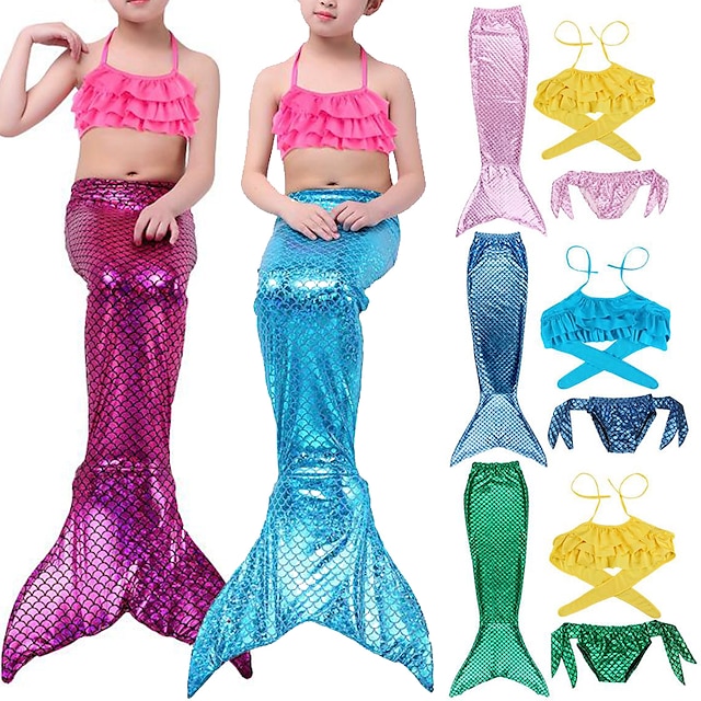  3PCS Girls' Mermaid Swimwear Bikini Swimsuits The Little Mermaid Ariel Movie Cosplay Cartoon For Kids Bra Briefs Mermaid Fishtail