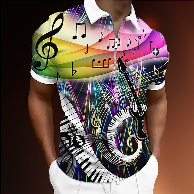  Homens Camiseta Polo Polo com zíper Camisa de golfe Estampas Abstratas Música Guitarra Notas Pano Keys Aberto para a Lateral Amarelo Azul Roxo Cinzento Ao ar livre Rua Manga Curta Imprimir Zíper Roupa