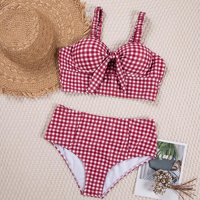 2 pcs Swimwear Bikini Swimsuits 1950s High-Waisted Women's Plaid ...