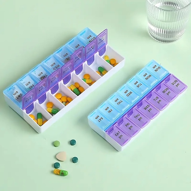  1 pc pilulier boîte de rangement de médicaments couvercle ouvert pour séparer pilulier pilulier 14 compartiments dose d'une semaine le matin et l'après-midi pilulier de voyage