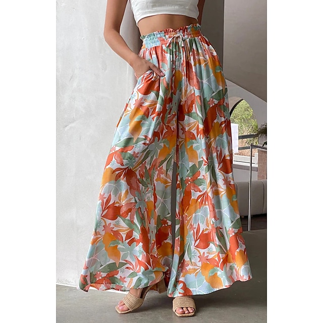  Women's Bootcut Wide Leg Pants Trousers Baggy Yellow Blue Orange Casual Side Pockets Wide Leg Holiday Weekend Full Length Micro-elastic Floral Comfort S M L XL XXL