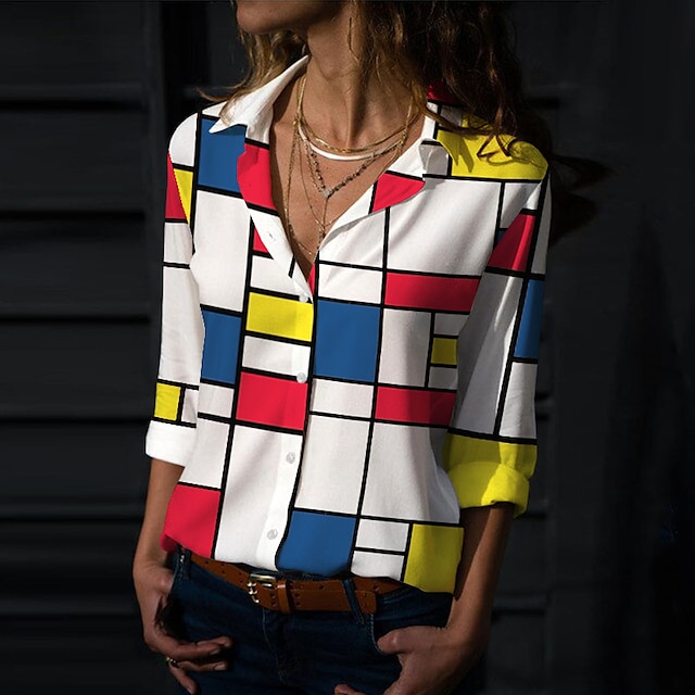  Damen Hemd Bluse Rote Farbblock Taste Bedruckt Langarm Casual Basic Hemdkragen Standard Geometrisch S
