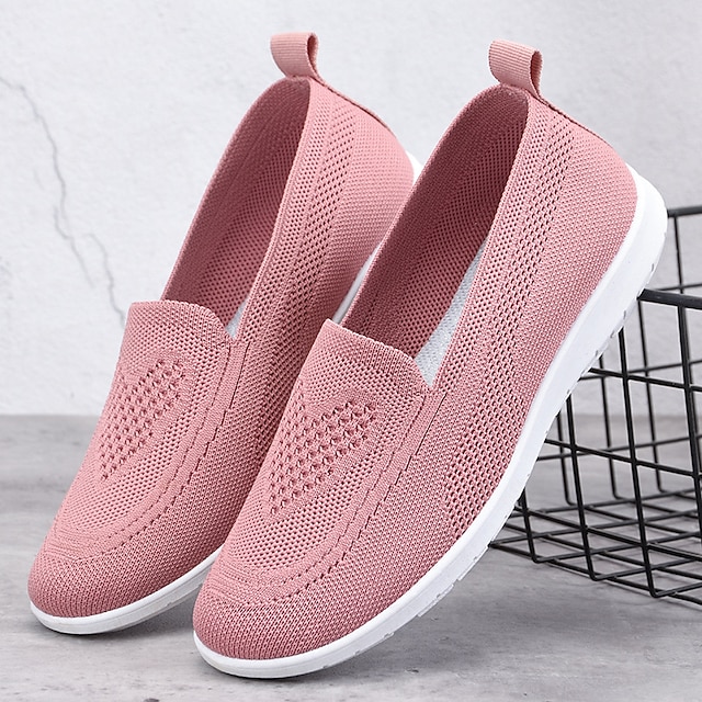  Women's Slip-Ons Pink Shoes Flyknit Shoes Comfort Shoes Outdoor Daily Indoor Solid Color Summer Flat Heel Round Toe Sporty Casual Minimalism Walking Tissage Volant Loafer Black Pink Purple