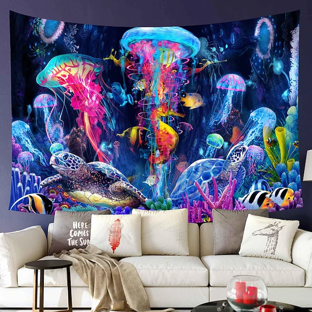 Blacklight Tapestry UV Reactive Glow in the Dark Glow Party Neon Jellyfish Marine Psychedelic Trippy Misty Hanging Tapestry Wall Art Mural for Living Room Bedroom 15