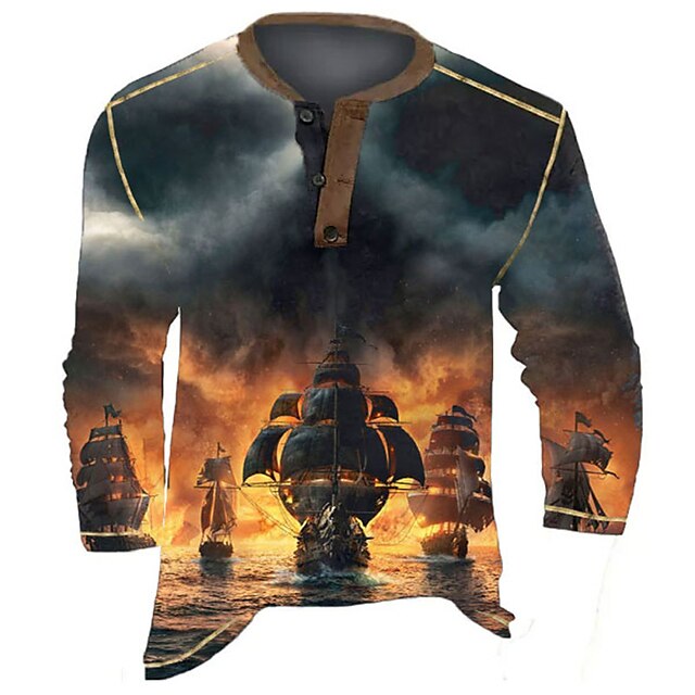  Men's Henley Shirt Tee Graphic Flame Boat Henley Clothing Apparel 3D Print Outdoor Casual Long Sleeve Button-Down Print Fashion Designer Comfortable
