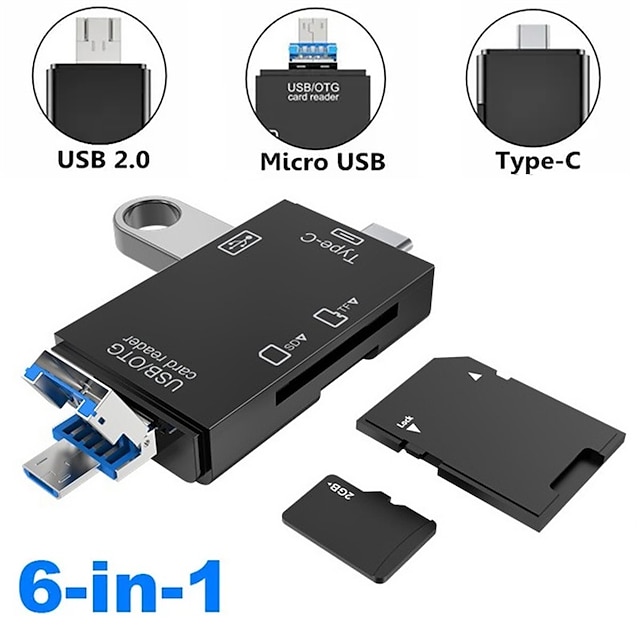  6 In 1 Multifunction Card Reader Flash TF SD Card Reader USB Type C MicroUSB Adapter Portable 3 Slots Memory Card Reader for MacOS Windows Linux PC Laptop Smartphone