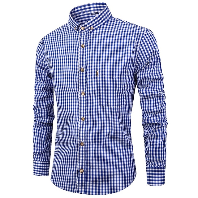  Men's Casual Shirt Button Up Shirt Checked Shirts Black Red Deep Blue Light Blue Long Sleeve Plaid Square Neck Vacation Daily Wear Button-Down Clothing Apparel Cotton Fashion Leisure Hawaiian