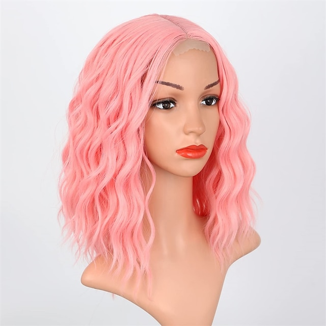  Stamped Glorious Pink Short Wavy Wigs for Women Pink Curly Wig for Girl Middle Part Bob Pink Wig Synthetic Wavy Wig Cosplay Part Use