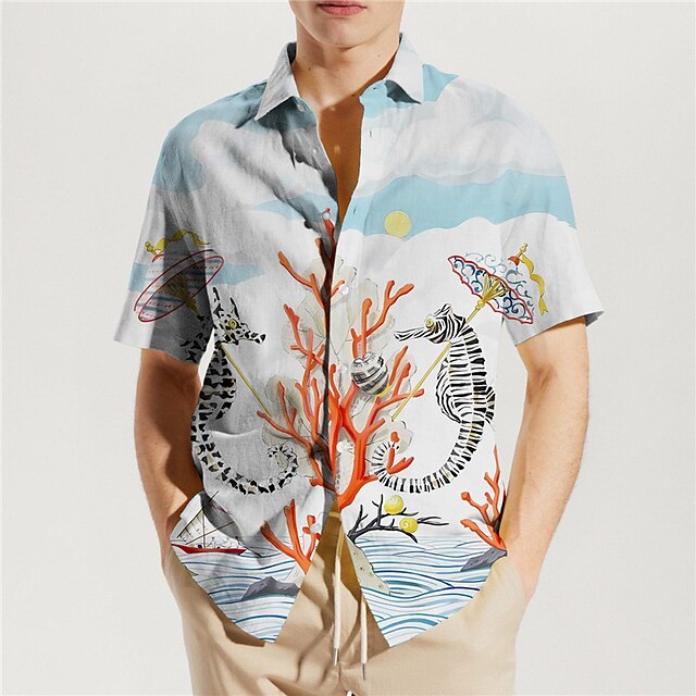  Men's Shirt Summer Hawaiian Shirt Graphic Prints Turndown Pink Blue Street Casual Short Sleeves Button-Down Print Clothing Apparel Tropical Fashion Streetwear Hawaiian