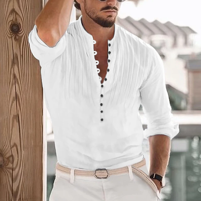 Men's Shirt Summer Shirt Beach Wear Casual Shirt Band Collar Shirt Button Up Shirt Black White Blue Green khaki Long Sleeve Plain Crew Neck Vacation Street Button-Down Clothing Apparel Polyester4