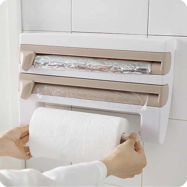  Multifunktionaler Plastikfolienschneider Wandmontierter Küchenpapierhandtuchhalter Schiebemesser Alufolie Trennbox Lagerregal