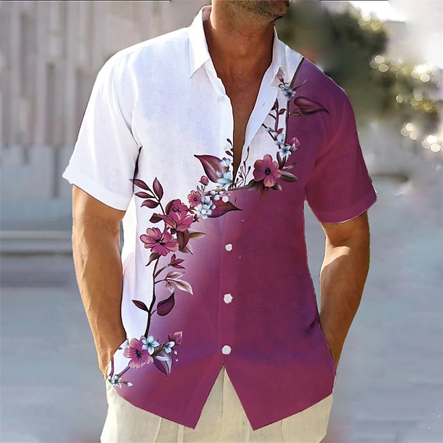  herreskjorte sommer hawaiiansk skjorte blomstret gradient grafisk turndown blå fuchsiagrøn udendørs street korte ærmer button-down print tøj tøj mode streetwear designer blød