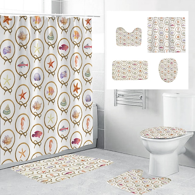 4Pcs Shower Curtain Set with Rug Toilet Lid Cover Sets with Non-Slip Rug Bath Mat for Bathroom,circle Pattern,Waterproof Polyester Shower Curtain with 12 Hooks,Bathroom Decoration