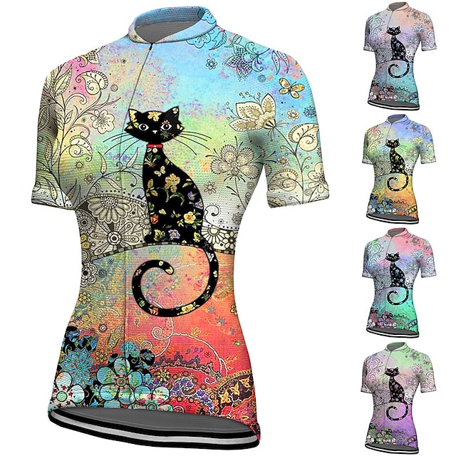  21Grams Women's Cycling Jersey Short Sleeve Bike Top with 3 Rear Pockets Mountain Bike MTB Road Bike Cycling Breathable Moisture Wicking Quick Dry Reflective Strips Violet Yellow Blue Graphic Cat