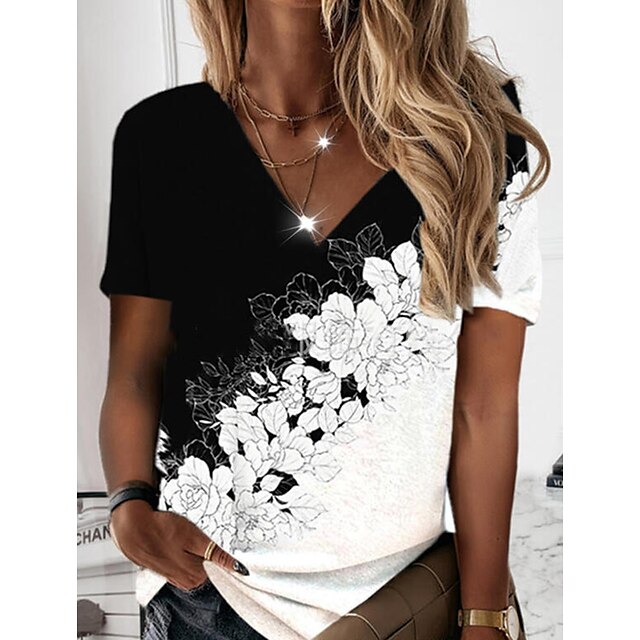  Women's T shirt Tee Black Floral Print Short Sleeve Holiday Weekend Basic V Neck Regular Floral Painting S
