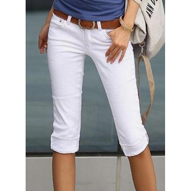  Women's Capri shorts Cotton Blend White Fashion Casual Daily Side Pockets Knee Length Comfort Plain S M L XL 2XL