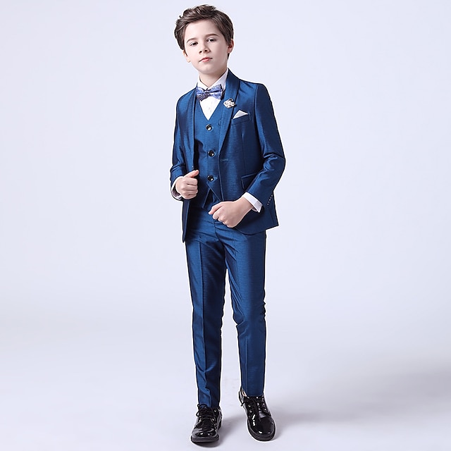  3 részes gyerek fiú blézer tanknadrág formális szett hosszú ujjú kék egyszínű masni pamut parti menő gyengéd öltöny 3-13 éves korig