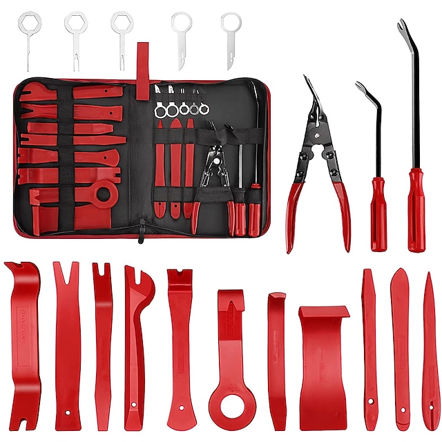 19PCS Car Trim Removal Tools Kit & Storage Pouch Plastic Stereo Audio Radio Remover Door Panel Dashboard Interior Pry Bar Molding Clip Pliers Upholstery Installer