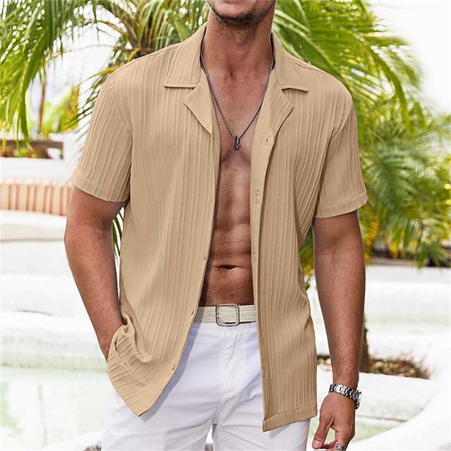 Men's Summer Shirt Beach Wear Button Up Shirt Black White Blue Khaki Short Sleeve Plain Turndown