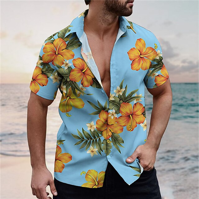  Men's Shirt Summer Hawaiian Shirt Floral Graphic Prints Turndown Apricot Blue Street Casual Short Sleeves Button-Down Print Clothing Apparel Tropical Fashion Streetwear Hawaiian