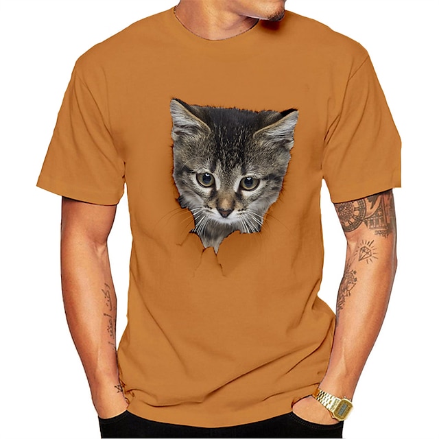 Men's T shirt Tee Graphic Cat Crew Neck Street Holiday Short Sleeve ...