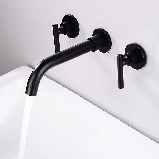 Bathroom Sink Mixer Faucet Wall Mounted, 2 Handle 3 Hole Wash Baxin Brass Taps, Rough in Valve Washroom Basin Tap 13