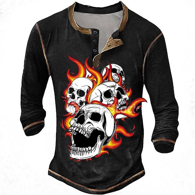 Men's Henley Shirt Tee Graphic Skull Flame Henley Clothing Apparel 3D ...