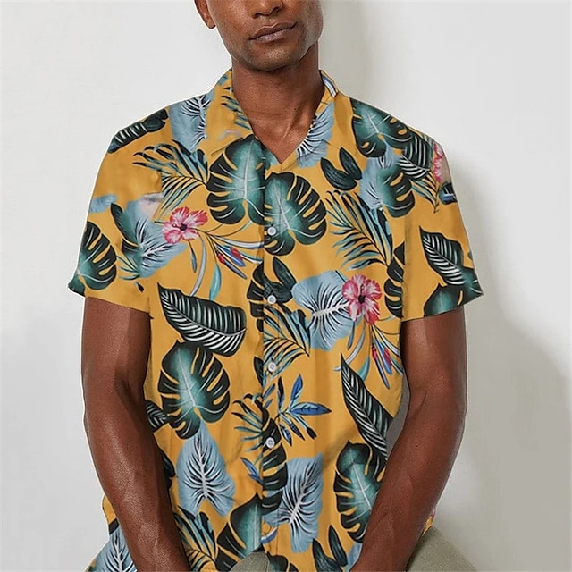  Men's Shirt Summer Hawaiian Shirt Graphic Prints Leaves Turndown Yellow Street Casual Short Sleeves Button-Down Print Clothing Apparel Fashion Streetwear Designer Soft