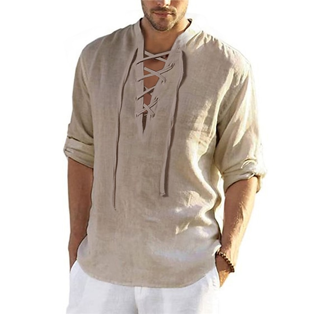  Men's Summer Shirt Beach Shirt Khaki Long Sleeve Plain V Neck Spring & Summer Outdoor Daily Clothing Apparel Lace up