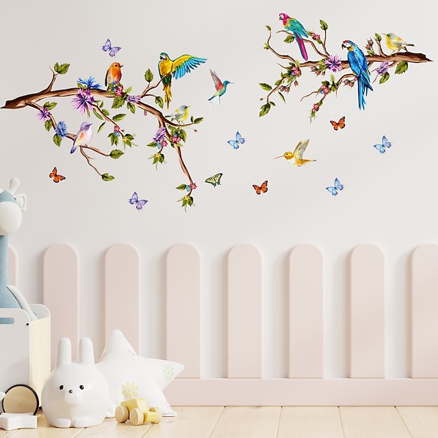  Branches Flowers Birds Butterflies Transferable Wall Stickers Home Decoration Wall Decals Bedroom Living Room Study 3pcs