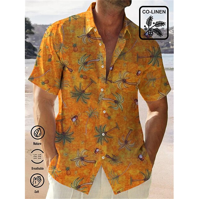  Men's Shirt Summer Hawaiian Shirt Coconut Tree Graphic Prints Turndown Orange Street Casual Short Sleeves Button-Down Print Clothing Apparel Linen Tropical Fashion Streetwear Hawaiian