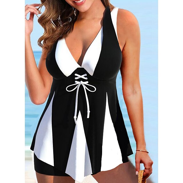  Women's Swimwear Tankini 2 Piece Normal Swimsuit Color Block 2 Piece Black Bathing Suits Beach Wear Summer Sports