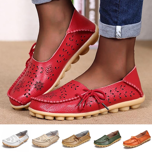  Women's Flats Slip-Ons Plus Size Barefoot shoes Soft Shoes Outdoor Daily Walking Solid Color Summer Flat Heel Round Toe Classic Casual Minimalism Walking Faux Leather PU Loafer Silver Wine Red