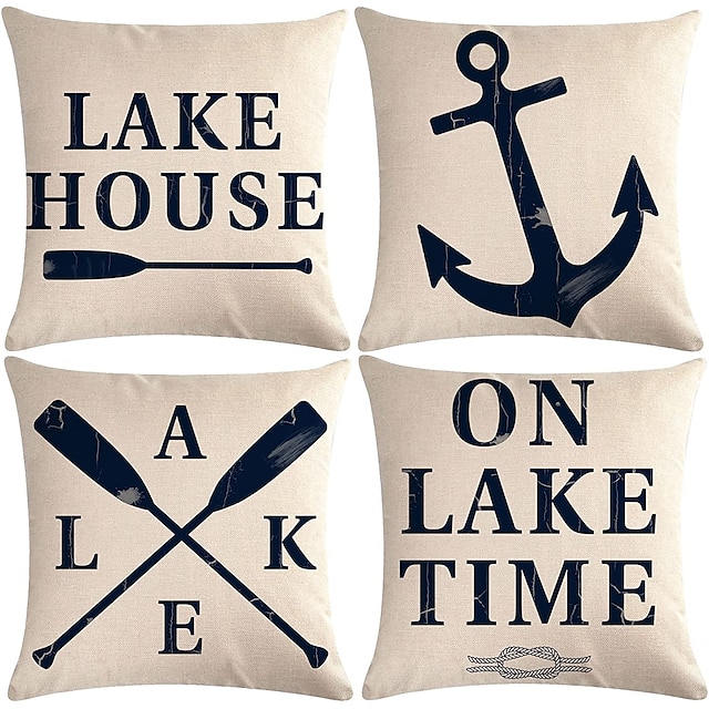 Lake House Anchor Double Side Pillow Cover 4PC Soft Decorative Pillowcase for Bedroom Livingroom Sofa Couch Chair Machine Washable