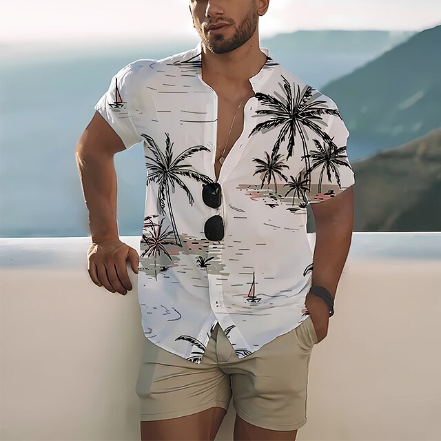  Men's Shirt Summer Hawaiian Shirt Coconut Tree Graphic Prints Stand Collar Blue-Green White Yellow Blue Sky Blue Outdoor Street Short Sleeve Button-Down Print Clothing Apparel Fashion Designer Casual