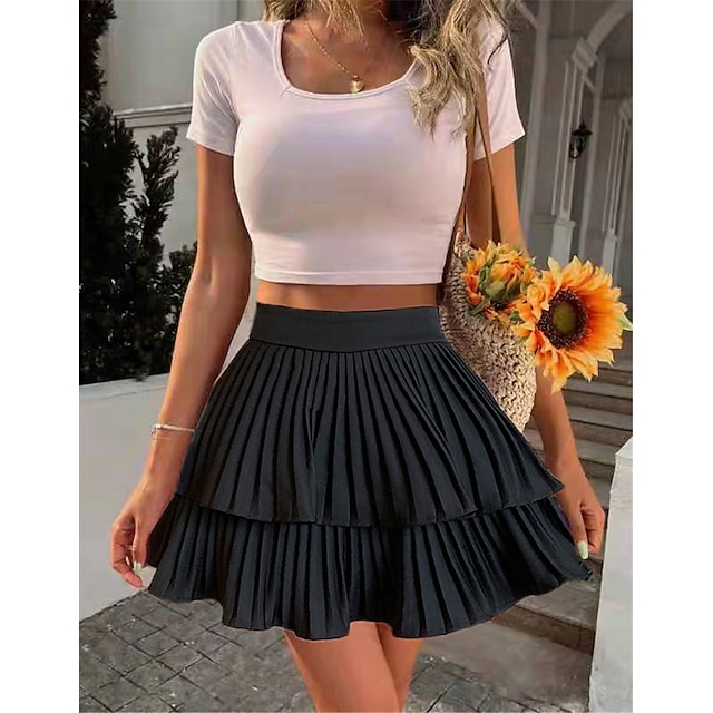  Women's A Line Tutu Above Knee Skirts Ruched Pleated Patchwork Solid Colored Vacation Casual Daily Spring & Summer Polyester Fashion Black White Pink