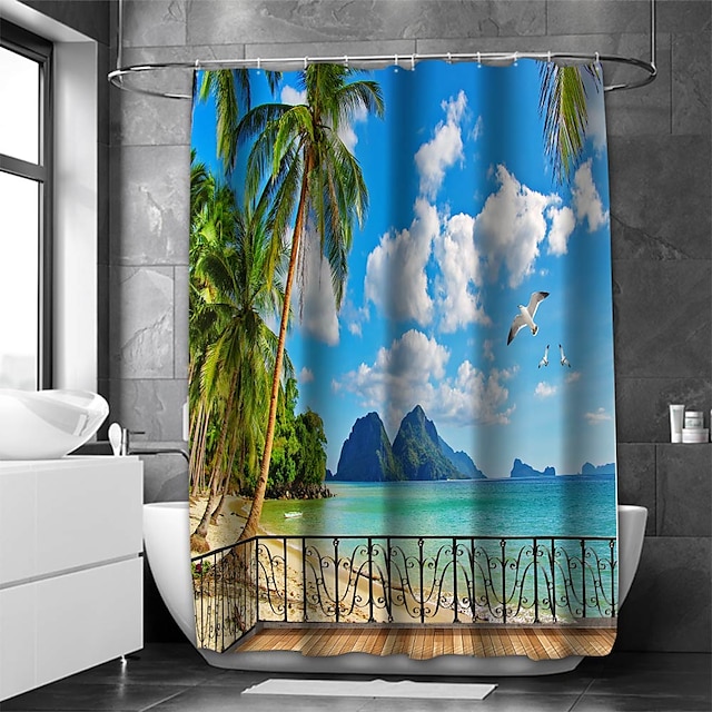  Cortina de ducha con ganchos para baño, cortina de paisaje, juego de decoración de baño, poliéster impermeable, paquete de 12 ganchos de plástico