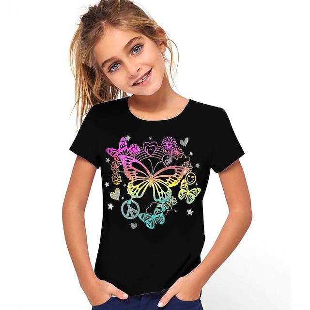  子供 女の子 Tシャツ カートゥン カジュアル 半袖 クルーネック 活発的 コットン 7-13歳 夏 ブラック ホワイト アイボリー