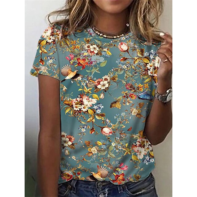  Women's T shirt Tee Yellow Red Blue Floral Print Short Sleeve Holiday Weekend Basic Round Neck Regular Floral Painting S