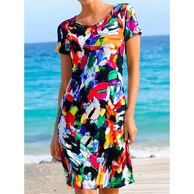  Women's Beach Dress Beach Wear Print Mini Dress Color Block Casual Modern Short Sleeve Crewneck Outdoor Daily Regular Fit Green 2023 Summer Spring S M L XL