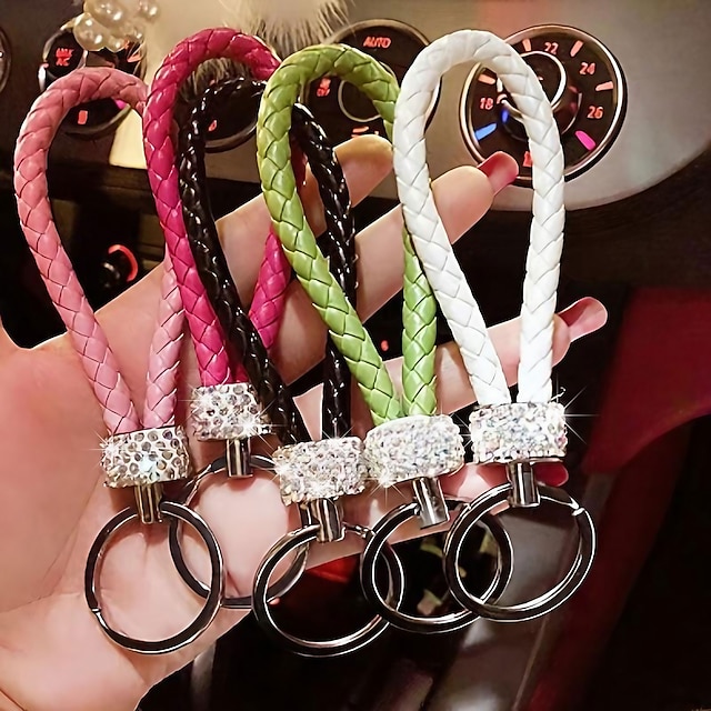 1pc Creative Braided Rope Rhinestone Car Keychain, Car Key Ring Pendant Key Chain Car