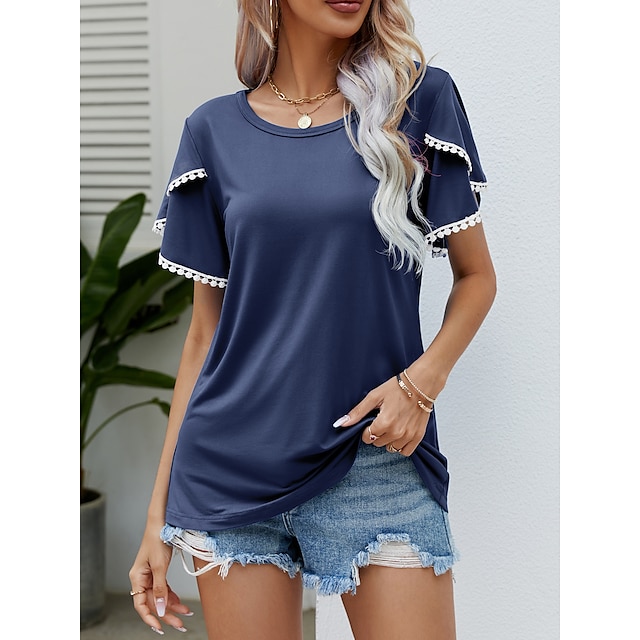 Women's T shirt Tee Gray blue Pink Navy Blue Lace Trims Plain Daily Weekend Short Sleeve Round Neck Basic Regular S