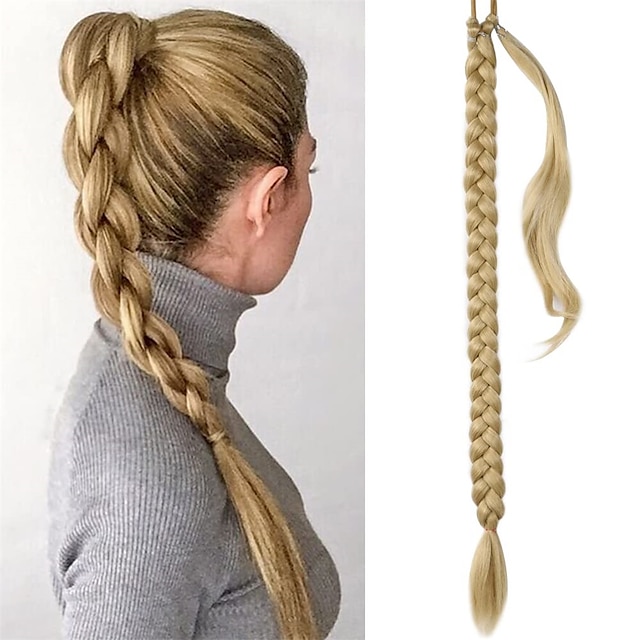  36 pouces queue de cheval extension synthétique longues extensions de queue de cheval tressées avec une cravate de cheveux droites enroulées autour de cheveux jolis cheveux queues de cheval postiches
