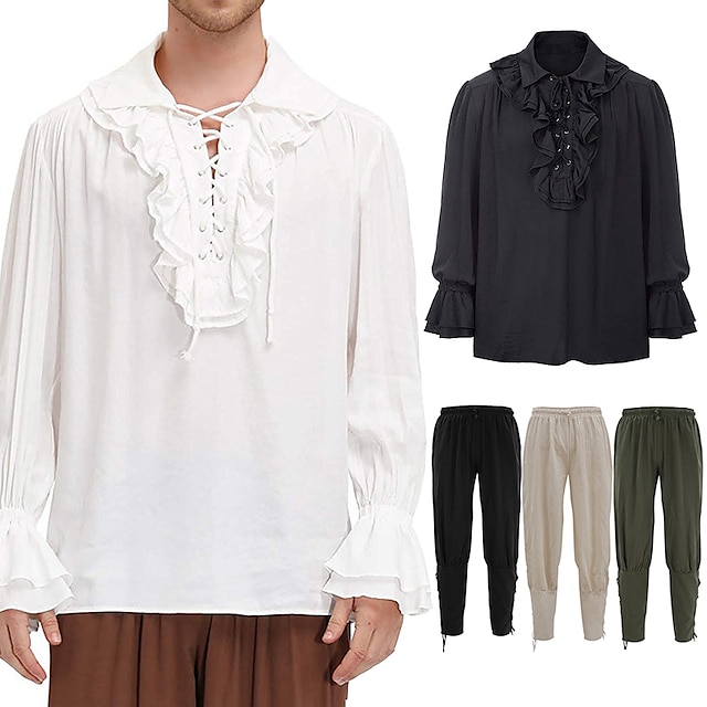  Men's Pirate Costume Medieval 18th Century Vintage Inspired Blouse / Shirt Long Sleeves Pirate Pants Adults' Costume Vintage Cosplay Party (Shirt and Pants Sold Separately)
